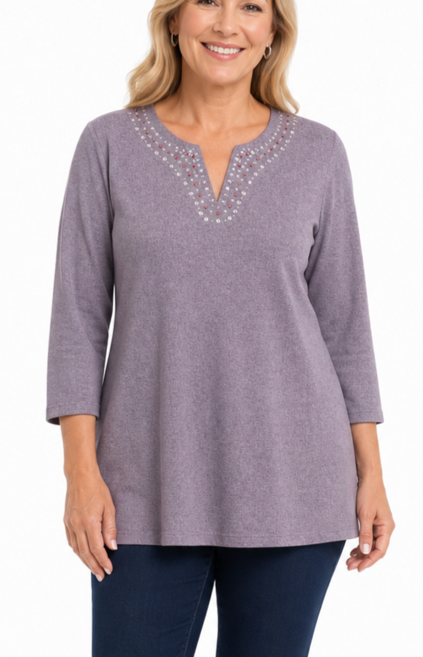 Silverwear Gray Tunic Top L Rhinestone Notch V Neck 3/4 Sleeve Cotton Linen
